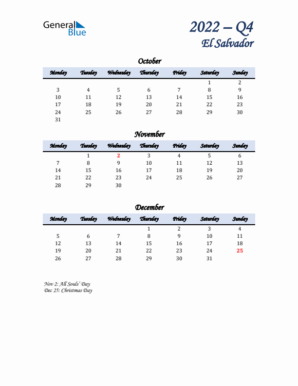 October, November, and December Calendar for El Salvador with Monday Start