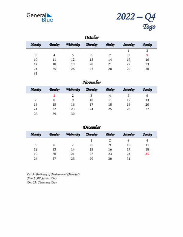 October, November, and December Calendar for Togo with Monday Start