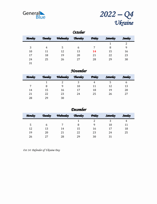 October, November, and December Calendar for Ukraine with Monday Start