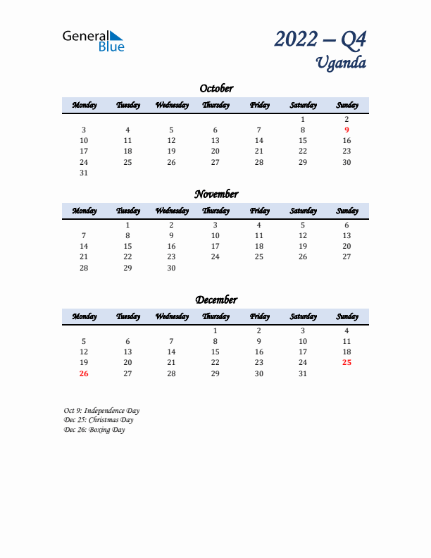 October, November, and December Calendar for Uganda with Monday Start