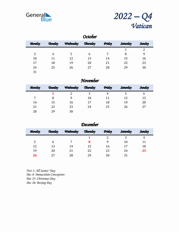 October, November, and December Calendar for Vatican with Monday Start