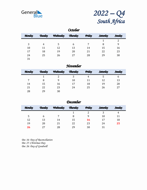 October, November, and December Calendar for South Africa with Monday Start