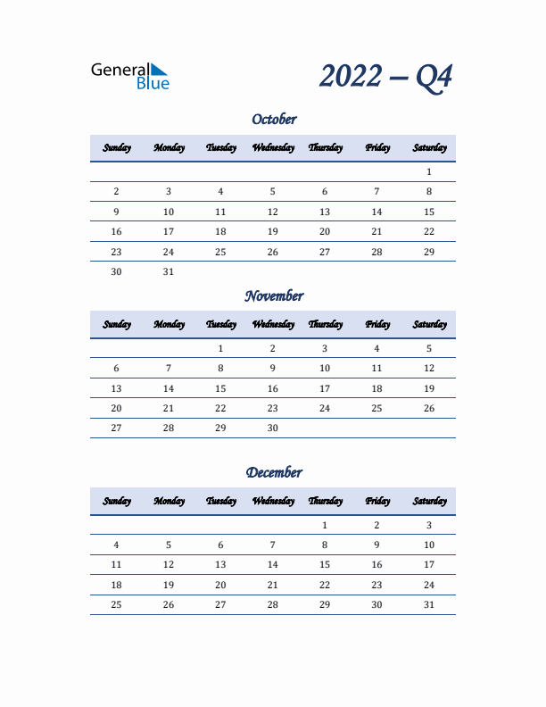 Sunday Start 2022 Quarterly Calendar