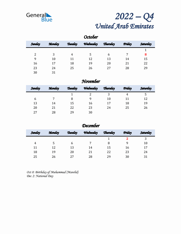 October, November, and December Calendar for United Arab Emirates with Sunday Start