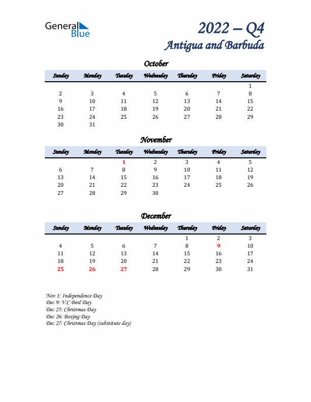 October, November, and December Calendar for Antigua and Barbuda with Sunday Start