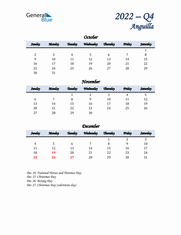 October, November, and December Calendar for Anguilla with Sunday Start