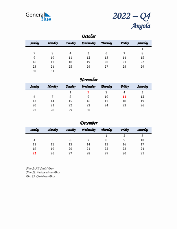 October, November, and December Calendar for Angola with Sunday Start