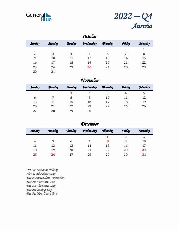 October, November, and December Calendar for Austria with Sunday Start