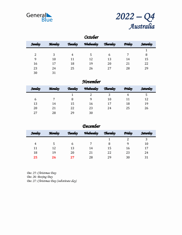 October, November, and December Calendar for Australia with Sunday Start