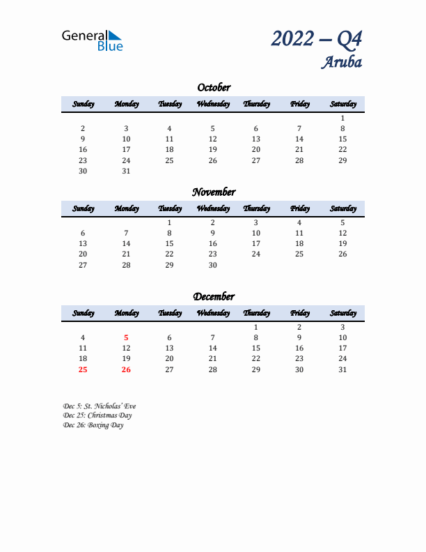 October, November, and December Calendar for Aruba with Sunday Start