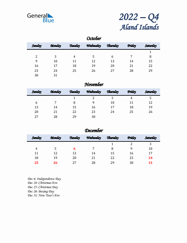 October, November, and December Calendar for Aland Islands with Sunday Start