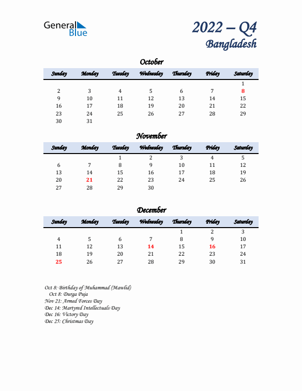 October, November, and December Calendar for Bangladesh with Sunday Start