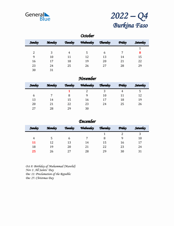 October, November, and December Calendar for Burkina Faso with Sunday Start