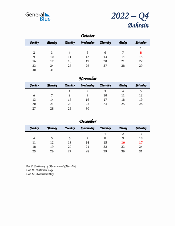 October, November, and December Calendar for Bahrain with Sunday Start