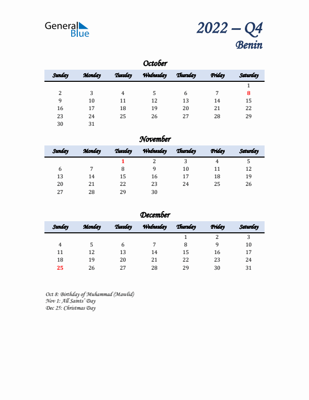 October, November, and December Calendar for Benin with Sunday Start