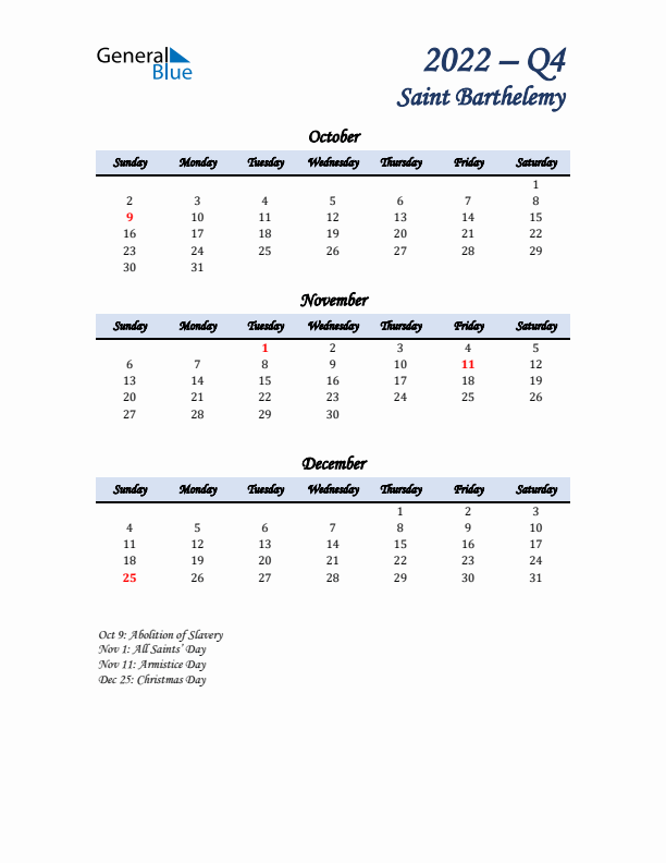 October, November, and December Calendar for Saint Barthelemy with Sunday Start