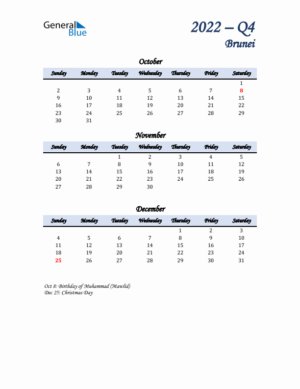 October, November, and December Calendar for Brunei with Sunday Start