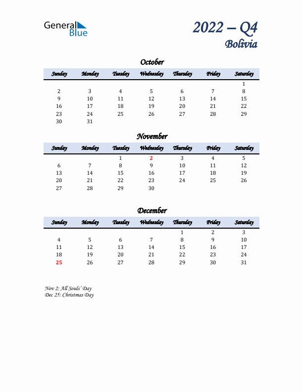 October, November, and December Calendar for Bolivia with Sunday Start