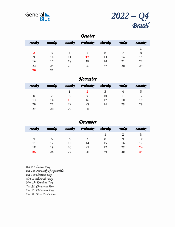 October, November, and December Calendar for Brazil with Sunday Start