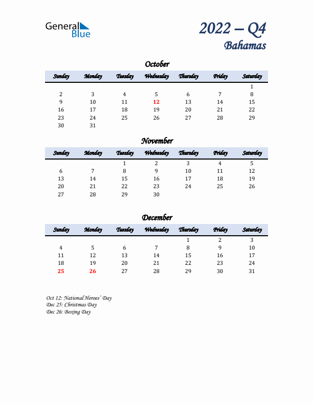 October, November, and December Calendar for Bahamas with Sunday Start