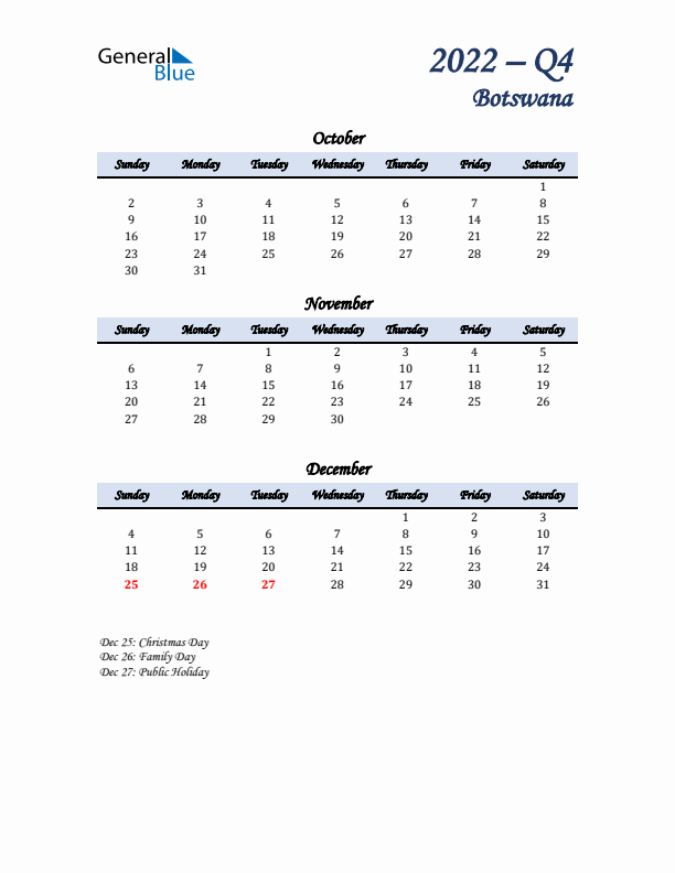 October, November, and December Calendar for Botswana with Sunday Start