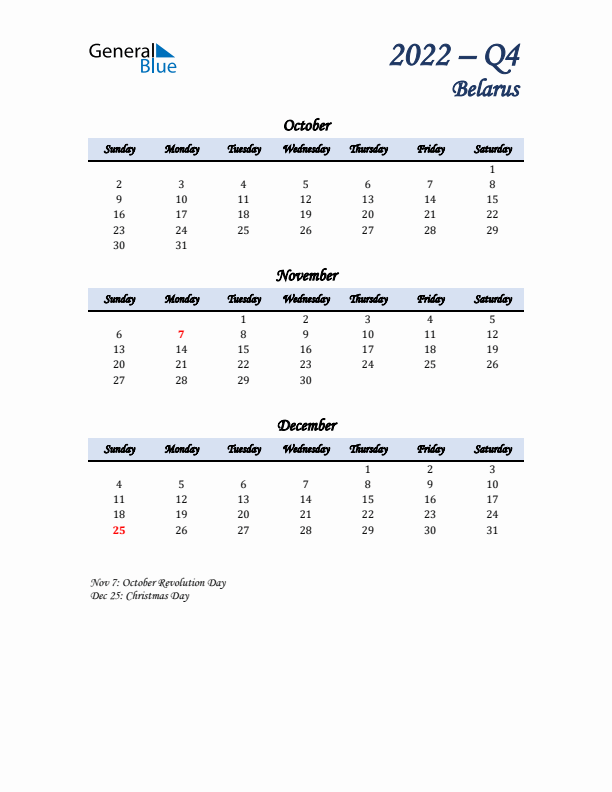 October, November, and December Calendar for Belarus with Sunday Start