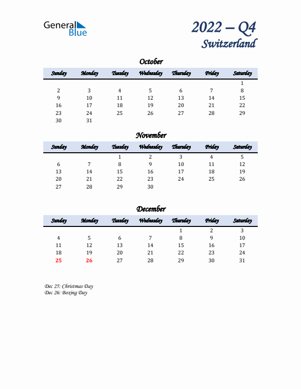 October, November, and December Calendar for Switzerland with Sunday Start