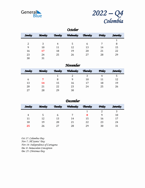 October, November, and December Calendar for Colombia with Sunday Start