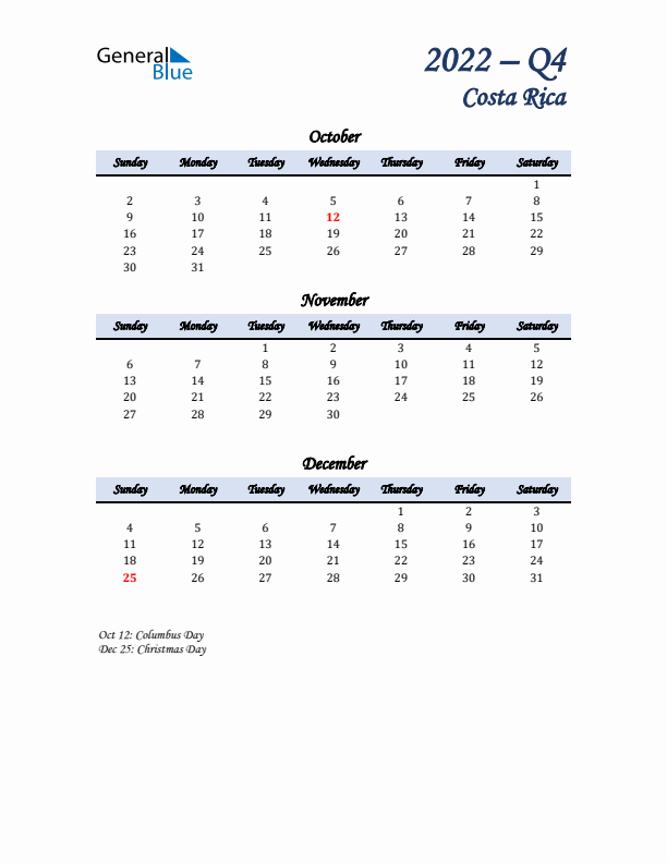 October, November, and December Calendar for Costa Rica with Sunday Start