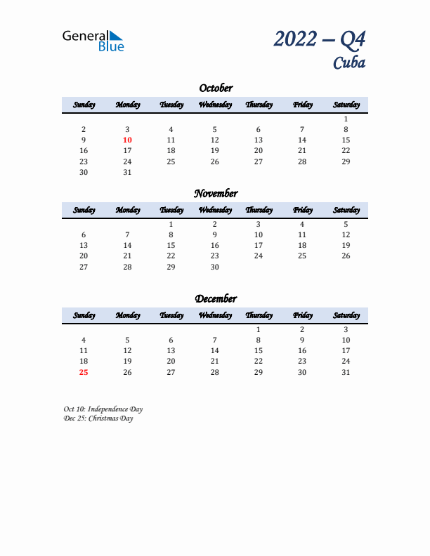 October, November, and December Calendar for Cuba with Sunday Start