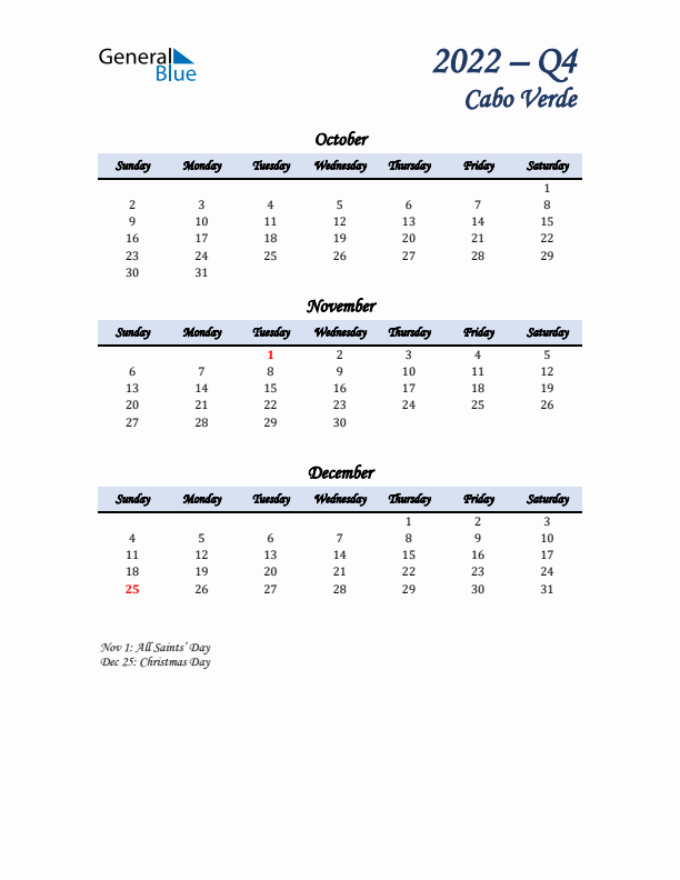 October, November, and December Calendar for Cabo Verde with Sunday Start