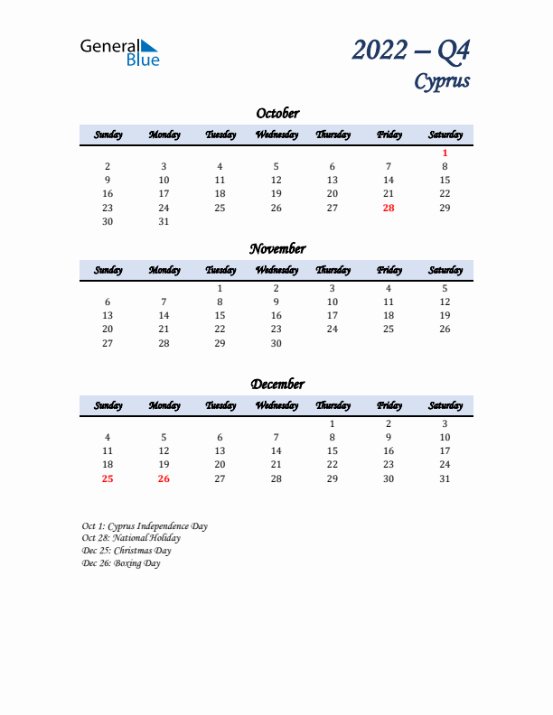 October, November, and December Calendar for Cyprus with Sunday Start