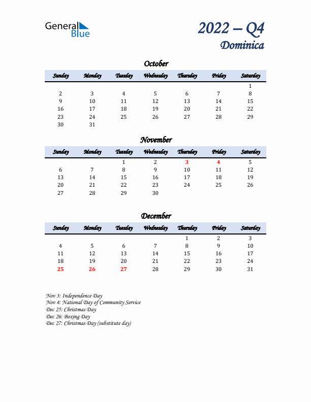 October, November, and December Calendar for Dominica with Sunday Start