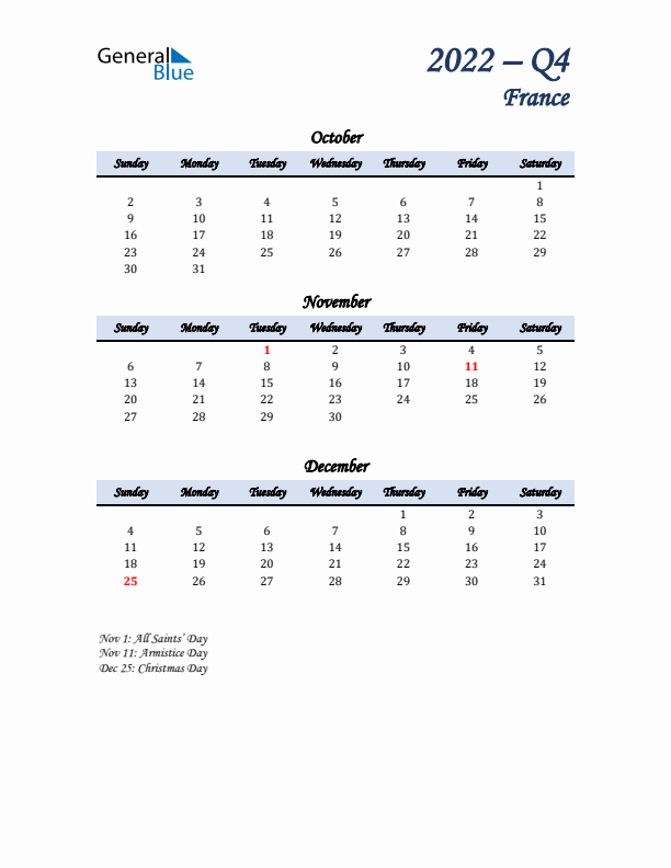 October, November, and December Calendar for France with Sunday Start