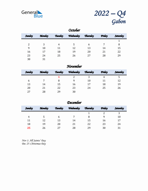 October, November, and December Calendar for Gabon with Sunday Start