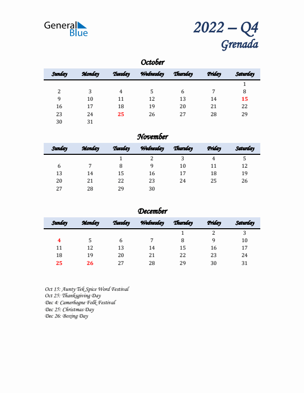 October, November, and December Calendar for Grenada with Sunday Start