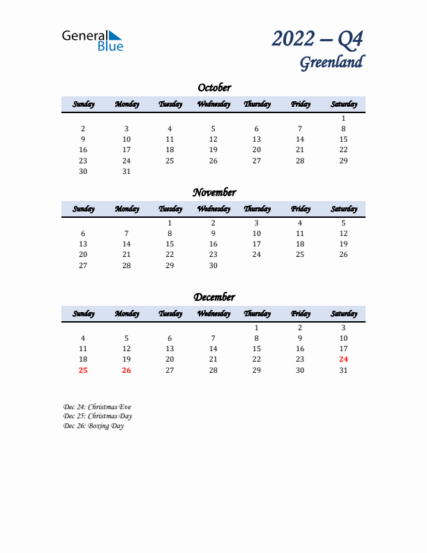 October, November, and December Calendar for Greenland with Sunday Start