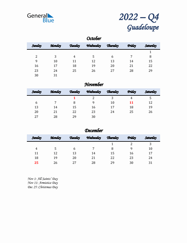 October, November, and December Calendar for Guadeloupe with Sunday Start