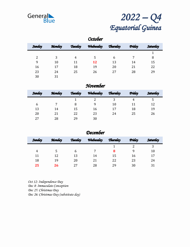 October, November, and December Calendar for Equatorial Guinea with Sunday Start