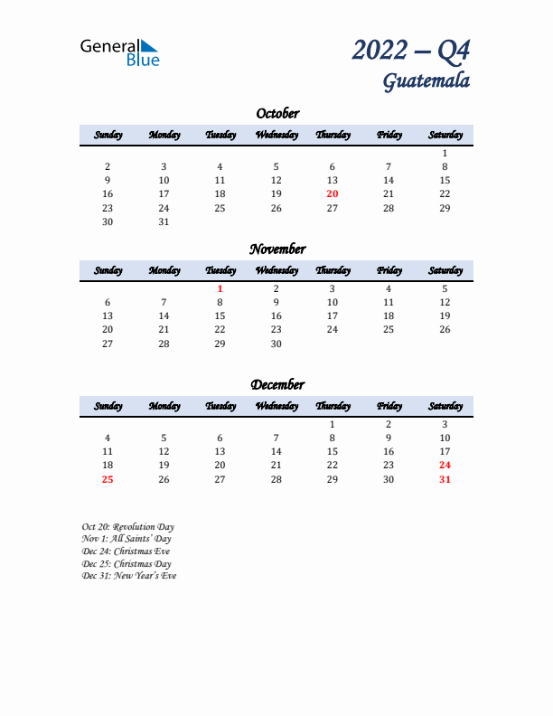 October, November, and December Calendar for Guatemala with Sunday Start