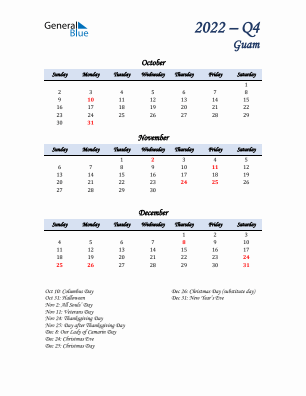 October, November, and December Calendar for Guam with Sunday Start