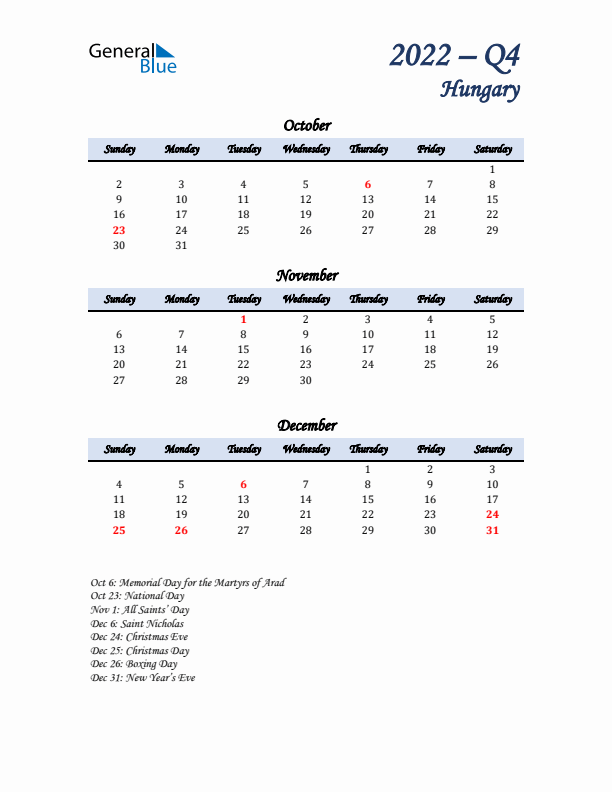 October, November, and December Calendar for Hungary with Sunday Start