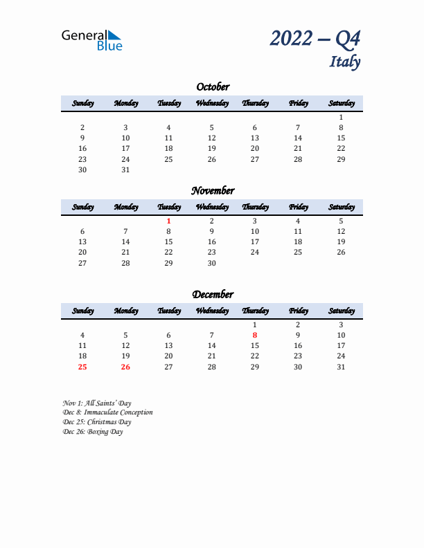 October, November, and December Calendar for Italy with Sunday Start