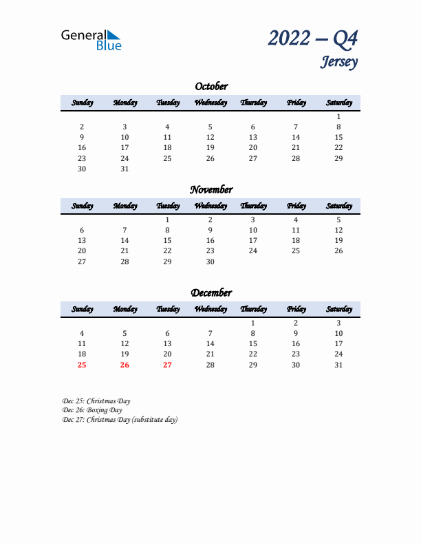 October, November, and December Calendar for Jersey with Sunday Start