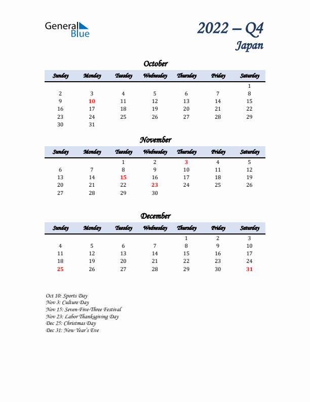 October, November, and December Calendar for Japan with Sunday Start