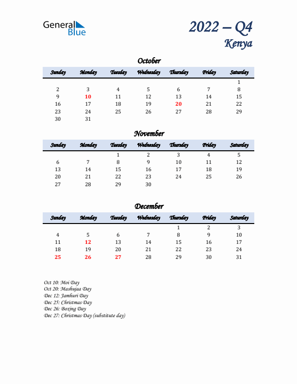 October, November, and December Calendar for Kenya with Sunday Start