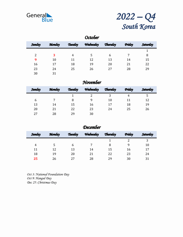 October, November, and December Calendar for South Korea with Sunday Start