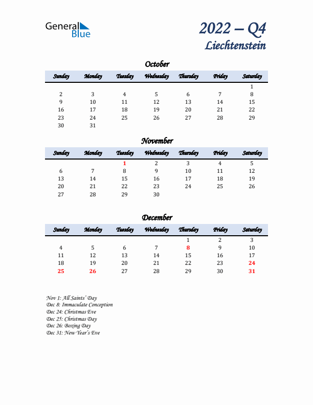 October, November, and December Calendar for Liechtenstein with Sunday Start