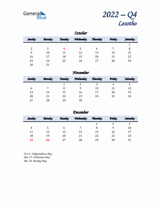 October, November, and December Calendar for Lesotho with Sunday Start