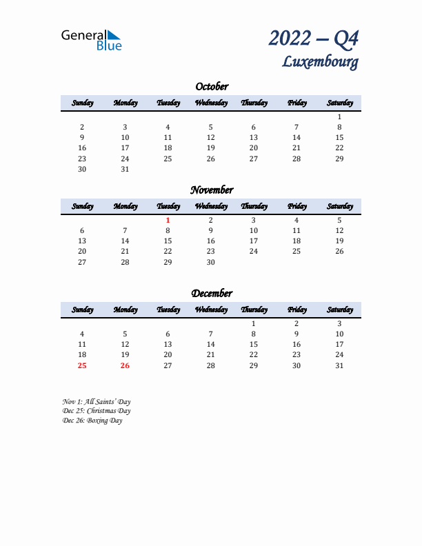 October, November, and December Calendar for Luxembourg with Sunday Start